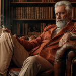 Stylish older man in a tailored suit seated in a leather chair, confidently vaping in a classic library setting, symbolizing the evolution of sleek and sophisticated cannabis vape design.