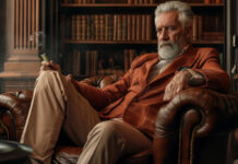 How Vape Technology Became Sleek, Safe, and Stylish Stylish older man in a tailored suit seated in a leather chair, confidently vaping in a classic library setting, symbolizing the evolution of sleek and sophisticated cannabis vape design.