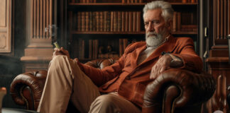 How Vape Technology Became Sleek, Safe, and Stylish Stylish older man in a tailored suit seated in a leather chair, confidently vaping in a classic library setting, symbolizing the evolution of sleek and sophisticated cannabis vape design.