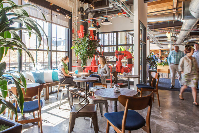 Modern cannabis company workspace with open layout, natural light, and casual employee conversation reflecting culture and connection.