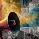 What Cannabis PR Gets Wrong and How Brands Can Fix It A colorful megaphone projecting across textured newsprint and cannabis leaf patterns, symbolizing the contrast between hype and strategic public relations in cannabis marketing.