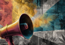 What Cannabis PR Gets Wrong and How Brands Can Fix It A colorful megaphone projecting across textured newsprint and cannabis leaf patterns, symbolizing the contrast between hype and strategic public relations in cannabis marketing.