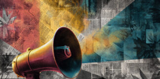 What Cannabis PR Gets Wrong and How Brands Can Fix It A colorful megaphone projecting across textured newsprint and cannabis leaf patterns, symbolizing the contrast between hype and strategic public relations in cannabis marketing.