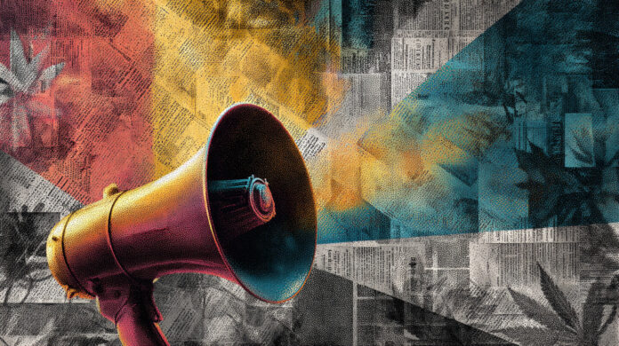 A colorful megaphone projecting across textured newsprint and cannabis leaf patterns, symbolizing the contrast between hype and strategic public relations in cannabis marketing.