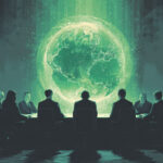 Illustration of global regulators seated around a glowing green table with a floating Earth, symbolizing international coordination on cannabis policy and pharmaceutical standards.