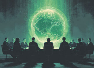 Global Cannabis Playbook Emerges Amid U.S. Uncertainty Illustration of global regulators seated around a glowing green table with a floating Earth, symbolizing international coordination on cannabis policy and pharmaceutical standards.