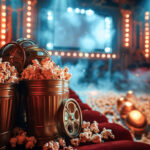 From Reality-TV to THC: The SpacePoppers! Team Is Still Winning THC-infused popcorn tubs styled like film reels on red theater seats, surrounded by smoke and moody lighting, promoting SpacePoppers! edible cannabis snacks.