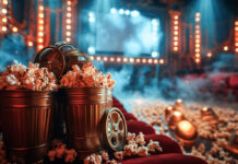 From Reality-TV to THC: The SpacePoppers! Team Is Still Winning THC-infused popcorn tubs styled like film reels on red theater seats, surrounded by smoke and moody lighting, promoting SpacePoppers! edible cannabis snacks.