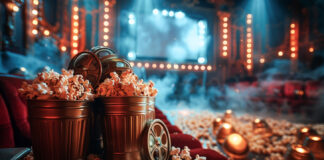 From Reality-TV to THC: The SpacePoppers! Team Is Still Winning THC-infused popcorn tubs styled like film reels on red theater seats, surrounded by smoke and moody lighting, promoting SpacePoppers! edible cannabis snacks.