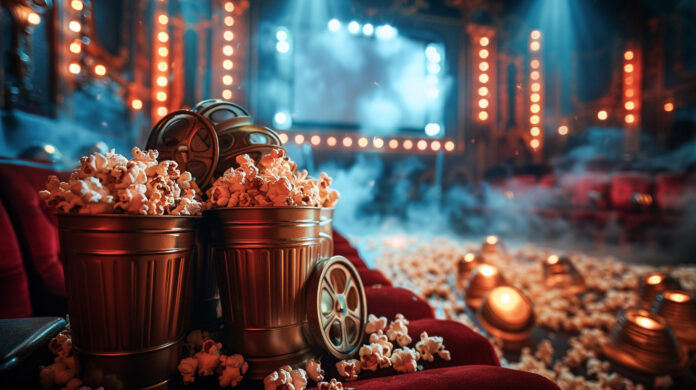 THC-infused popcorn tubs styled like film reels on red theater seats, surrounded by smoke and moody lighting, promoting SpacePoppers! edible cannabis snacks.