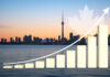 Most Canadians See Cannabis as Economic Priority Toronto skyline with economic growth indicator symbolizing polling that shows Canadians want the federal government to support the cannabis industry.