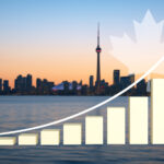 Most Canadians See Cannabis as Economic Priority Toronto skyline with economic growth indicator symbolizing polling that shows Canadians want the federal government to support the cannabis industry.