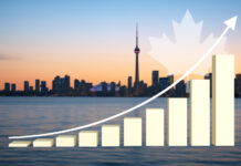 Most Canadians See Cannabis as Economic Priority Toronto skyline with economic growth indicator symbolizing polling that shows Canadians want the federal government to support the cannabis industry.