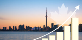 Most Canadians See Cannabis as Economic Priority Toronto skyline with economic growth indicator symbolizing polling that shows Canadians want the federal government to support the cannabis industry.