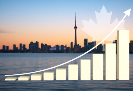 Toronto skyline with economic growth indicator symbolizing polling that shows Canadians want the federal government to support the cannabis industry.