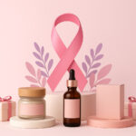 Cannabis Brands Making an Impact on Breast Cancer Awareness Pink breast cancer awareness ribbon surrounded by cannabis products, including flower, pre-rolls, and tincture bottles on a soft pink background.