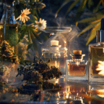 Unlocking the Science of Cannabis Aromas and Cold-Chain Preservation Glass perfume bottles infused with cannabis oil surrounded by fresh cannabis buds and white daisies, symbolizing the intersection of cannabis terpenes and luxury fragrance aesthetics.