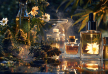 Unlocking the Science of Cannabis Aromas and Cold-Chain Preservation Glass perfume bottles infused with cannabis oil surrounded by fresh cannabis buds and white daisies, symbolizing the intersection of cannabis terpenes and luxury fragrance aesthetics.