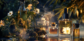 Unlocking the Science of Cannabis Aromas and Cold-Chain Preservation Glass perfume bottles infused with cannabis oil surrounded by fresh cannabis buds and white daisies, symbolizing the intersection of cannabis terpenes and luxury fragrance aesthetics.