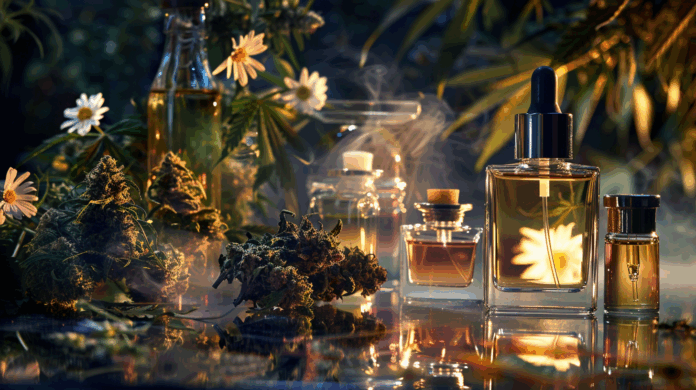 Glass perfume bottles infused with cannabis oil surrounded by fresh cannabis buds and white daisies, symbolizing the intersection of cannabis terpenes and luxury fragrance aesthetics.