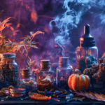 Boo-tanical Bliss: Frightfully Fun Cannabis Finds for Halloween 2025 Halloween-themed cannabis display featuring edibles, colorful capsules, infused oils, dried flower, and autumn decorations with pumpkins, candles, and swirling smoke.