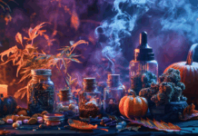Boo-tanical Bliss: Frightfully Fun Cannabis Finds for Halloween 2025 Halloween-themed cannabis display featuring edibles, colorful capsules, infused oils, dried flower, and autumn decorations with pumpkins, candles, and swirling smoke.