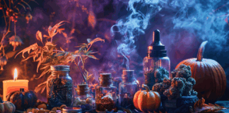 Boo-tanical Bliss: Frightfully Fun Cannabis Finds for Halloween 2025 Halloween-themed cannabis display featuring edibles, colorful capsules, infused oils, dried flower, and autumn decorations with pumpkins, candles, and swirling smoke.