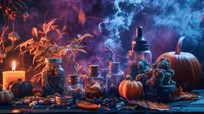 Halloween-themed cannabis display featuring edibles, colorful capsules, infused oils, dried flower, and autumn decorations with pumpkins, candles, and swirling smoke.