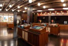 Klutch Cannabis Revives Cleveland’s Musical Landmark Wide-angle view of Klutch Cannabis retail floor featuring interactive display islands and product showcases in Cleveland dispensary.