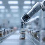 How Smart Tech Solves Cannabis Manufacturing Bottlenecks Robotic arm applying label to cannabis jar on automated packaging line in modern manufacturing facility