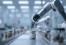 How Smart Tech Solves Cannabis Manufacturing Bottlenecks Robotic arm applying label to cannabis jar on automated packaging line in modern manufacturing facility