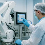 Global Lessons in Automation for Scaling Cannabis Operations A PPE-clad technician adjusts a robotic system on a clean manufacturing line, highlighting automation and workforce evolution in modern cannabis operations.