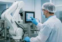 Global Lessons in Automation for Scaling Cannabis Operations A PPE-clad technician adjusts a robotic system on a clean manufacturing line, highlighting automation and workforce evolution in modern cannabis operations.