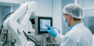 Global Lessons in Automation for Scaling Cannabis Operations A PPE-clad technician adjusts a robotic system on a clean manufacturing line, highlighting automation and workforce evolution in modern cannabis operations.
