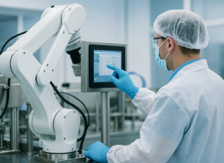 Global Lessons in Automation for Scaling Cannabis Operations A PPE-clad technician adjusts a robotic system on a clean manufacturing line, highlighting automation and workforce evolution in modern cannabis operations.