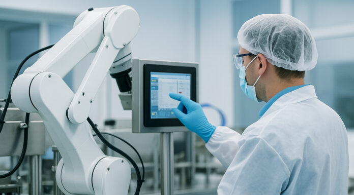 Global Lessons in Automation for Scaling Cannabis Operations A PPE-clad technician adjusts a robotic system on a clean manufacturing line, highlighting automation and workforce evolution in modern cannabis operations.