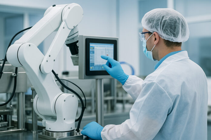 automated-manufacturing-technician-robotic-system A PPE-clad technician adjusts a robotic system on a clean manufacturing line, highlighting automation and workforce evolution in modern cannabis operations.