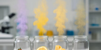 Researchers Suggest a Standardized Language for Cannabis Aroma Glass jars in a lab setting containing berries, a lemon slice, Swiss cheese, and dried tea leaves, each emitting a colored vapor plume representing different aroma profiles.