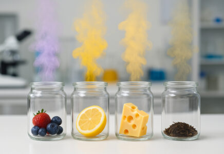 Glass jars in a lab setting containing berries, a lemon slice, Swiss cheese, and dried tea leaves, each emitting a colored vapor plume representing different aroma profiles.