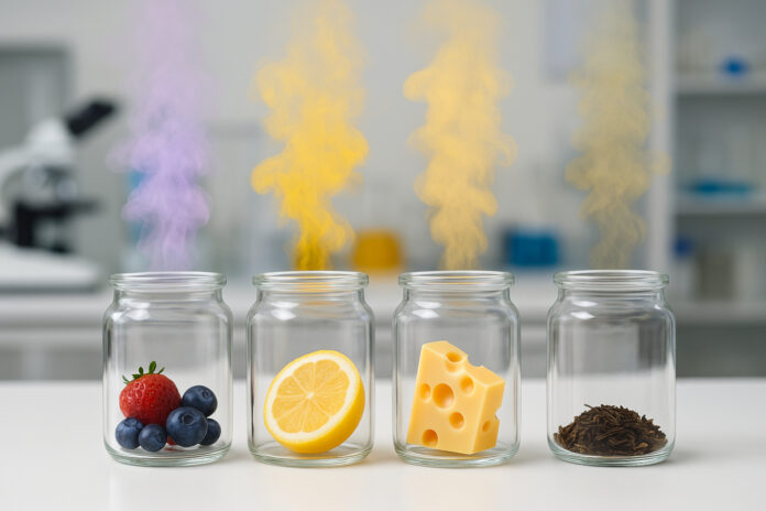 Aroma Profile Illustration – Lab Jars Glass jars in a lab setting containing berries, a lemon slice, Swiss cheese, and dried tea leaves, each emitting a colored vapor plume representing different aroma profiles.