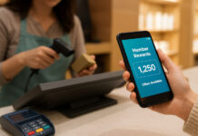 Why Customer Lifetime Value Should Drive Cannabis Marketing A customer holds a smartphone showing a “Member Rewards” balance at a retail checkout while an employee scans a product in the background