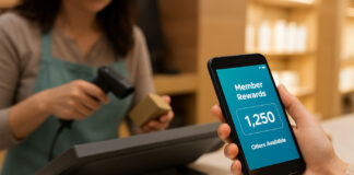 Why Customer Lifetime Value Should Drive Cannabis Marketing A customer holds a smartphone showing a “Member Rewards” balance at a retail checkout while an employee scans a product in the background