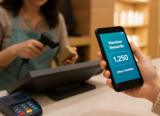 Why Customer Lifetime Value Should Drive Cannabis Marketing A customer holds a smartphone showing a “Member Rewards” balance at a retail checkout while an employee scans a product in the background