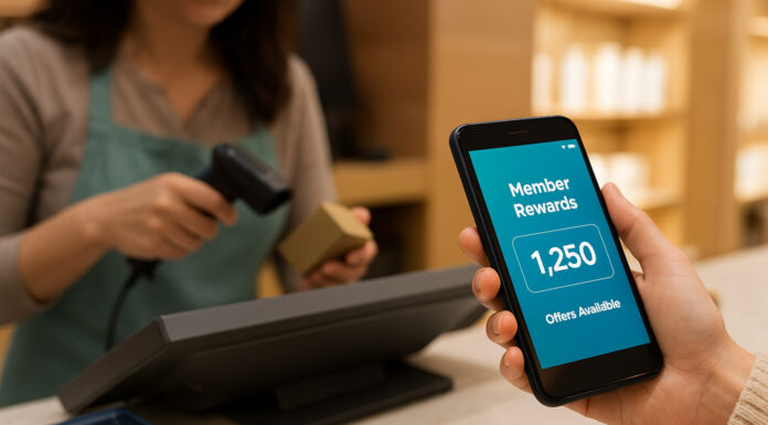 Why Customer Lifetime Value Should Drive Cannabis Marketing A customer holds a smartphone showing a “Member Rewards” balance at a retail checkout while an employee scans a product in the background