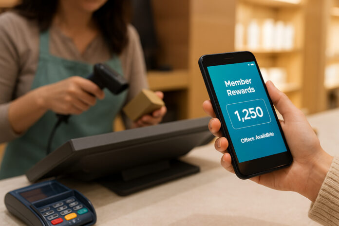 A customer holds a smartphone showing a “Member Rewards” balance at a retail checkout while an employee scans a product in the background