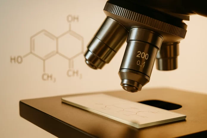 A compound microscope focuses on a glass slide under bright, clean lighting, with a faint molecular diagram in the background.