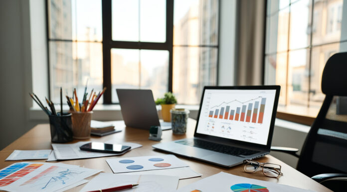 Cannabis Marketing 3.0: Why Creativity Alone Won’t Win Wide shot of a designer’s desk featuring colorful mood board swatches, website wireframes, and analytics dashboards, representing modern cannabis marketing strategy without showing cannabis products.