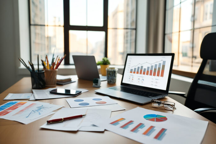 Creative Desk With Brand Mood Boards and Analytics Dashboards Wide shot of a designer’s desk featuring colorful mood board swatches, website wireframes, and analytics dashboards, representing modern cannabis marketing strategy without showing cannabis products.
