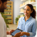 Digital Convenience Driving Dispensary Sales this Season A friendly budtender assists a customer using a digital tablet in a clean, well-designed retail environment featuring neatly packaged cannabis products.