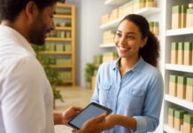 Digital Convenience Driving Dispensary Sales this Season A friendly budtender assists a customer using a digital tablet in a clean, well-designed retail environment featuring neatly packaged cannabis products.